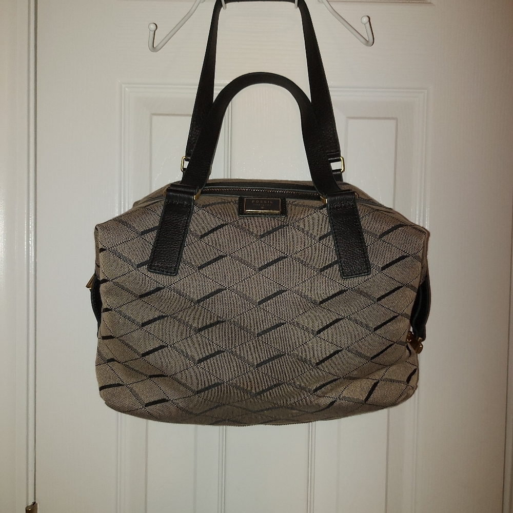 ✔️Fossil Beige Woven Satchel with Black Leather Handles, EUC - Picture 3 of 13